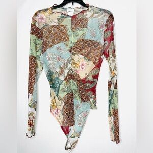Rue 21 Womens Patchwork Long Sleeve Sheer Mesh Bodysuit Sz XL Whimsy Y2K Boho
